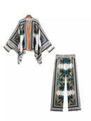Full Printed Oversized  Cape Style Tops with Pants Set10