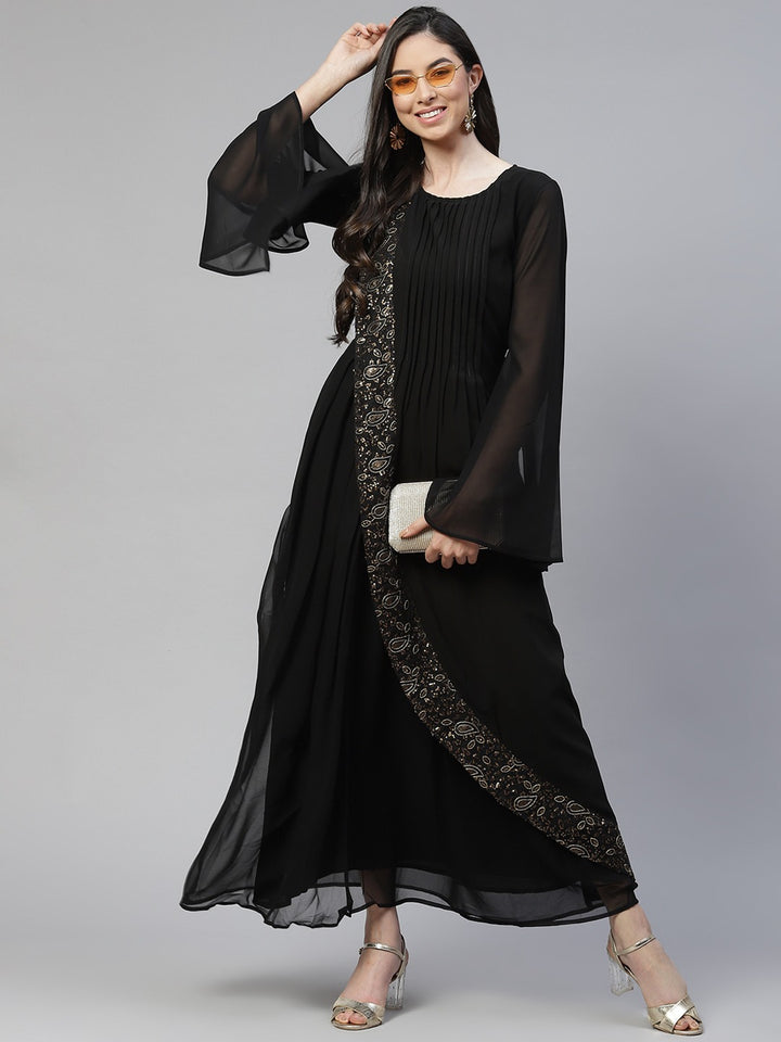 Black Ethnic Motifs Sequined A-Line Maxi Dress with Bell4