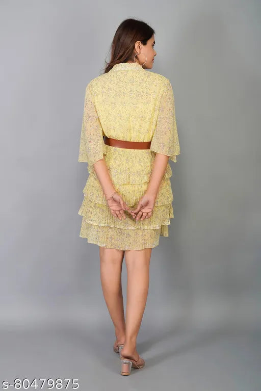 Trendy Floral Light Yellow Printed Pleated Dress3