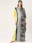 Yellow And Black Block Print Kaftan Maxi Nightdress