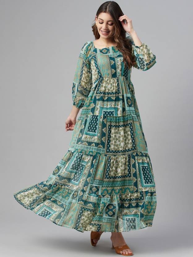 Green & Blue Ethnic Printed A-Line Maxi Dress
