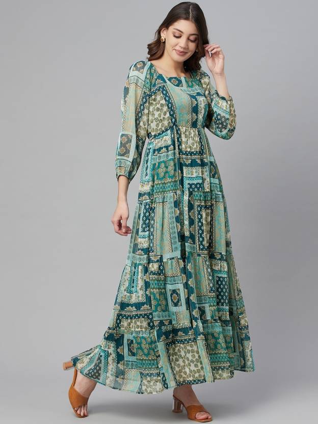 Green & Blue Ethnic Printed A-Line Maxi Dress3