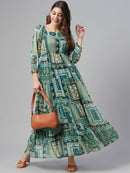 Green & Blue Ethnic Printed A-Line Maxi Dress4