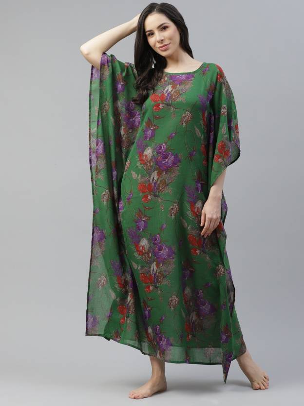 Green & Purple Printed Kimono Maxi Nightdress